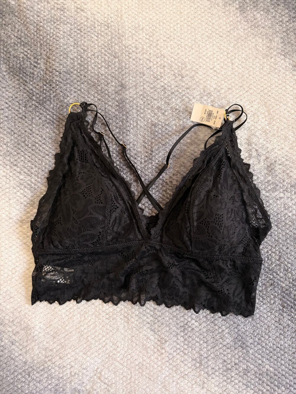 Aerie Lace Lined Black Cross Back Gold Tone Wireless Padded Bralette Size Medium - Picture 1 of 4